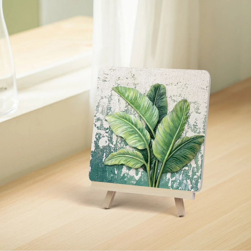 Banana leaf art decor on easel, artisan homeware by Fansee Australia, tabletop setting