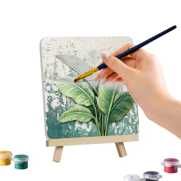 Hand painting green plant art on small canvas with easel, Fansee Australia creative decor kit