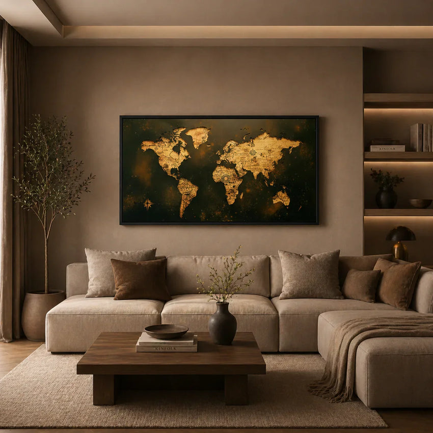 Artisan world map wall art in modern living room, Fansee Australia home decor