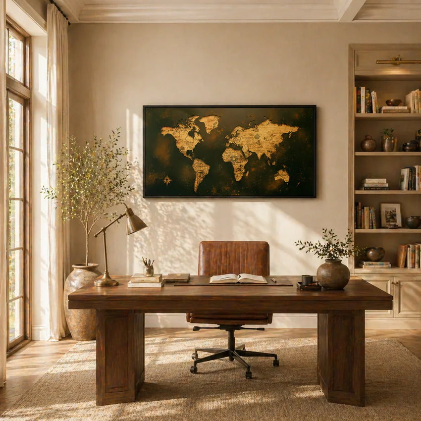 Artisan world map wall art in modern living room, Fansee Australia home decor