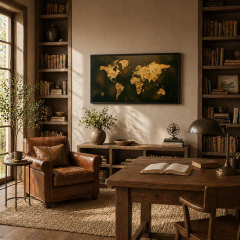 Artisan world map wall art in modern living room, Fansee Australia home decor