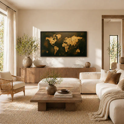 Artisan world map wall art in modern living room, Fansee Australia home decor