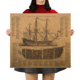Warship Diagram Kraft Paper Wall Art Print (57.5x51.5cm) - Fansee Australia