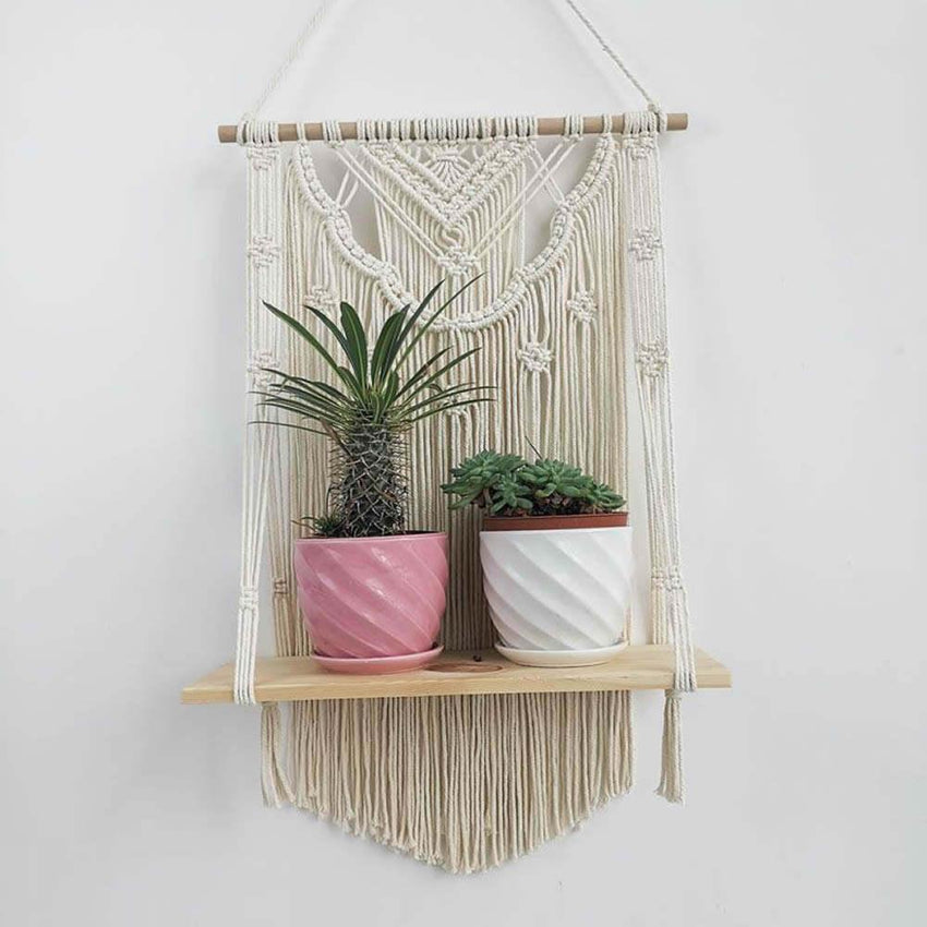 Wooden Floating Shelf Wall Hanging Macrame Planter - Fansee Australia