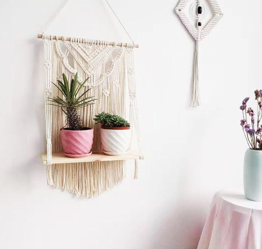 Wooden Floating Shelf Wall Hanging Macrame Planter - Fansee Australia