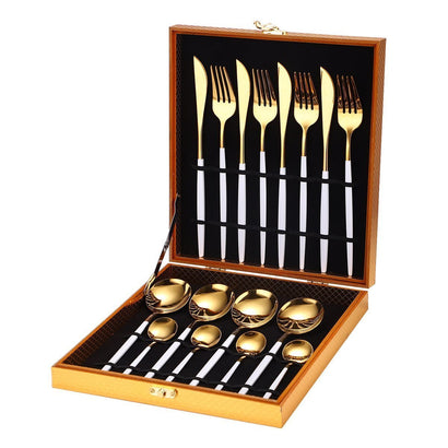 16 Pcs Gift Box White & Gold Cutlery Set - Fansee Australia