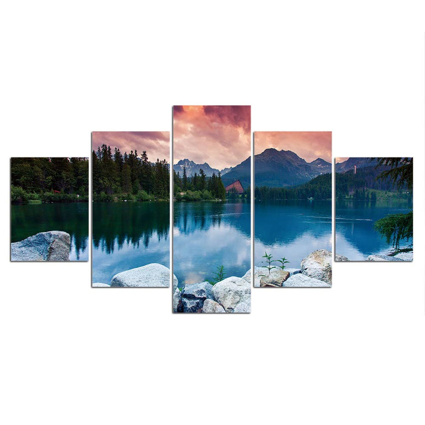 5 Panels Alpine Forest Lake Framed Canvas Prints - Fansee Australia