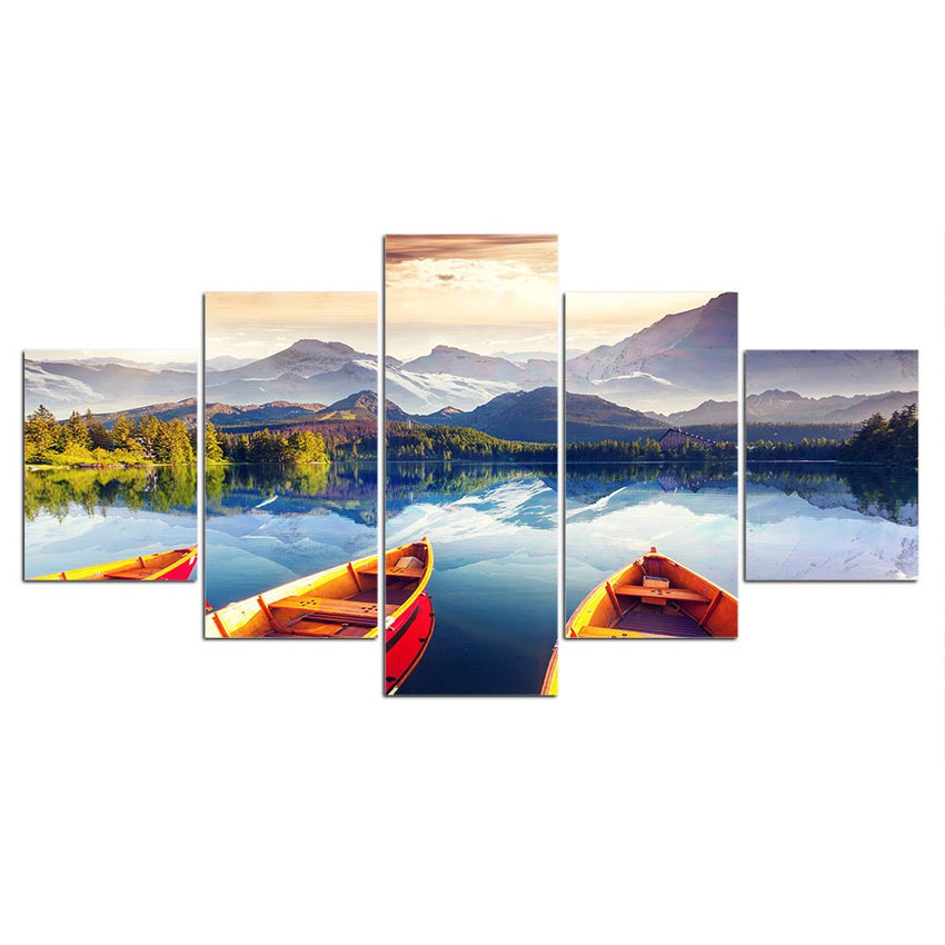 5 Panels Boats And Mountains Framed Canvas Wall Arts - Fansee Australia