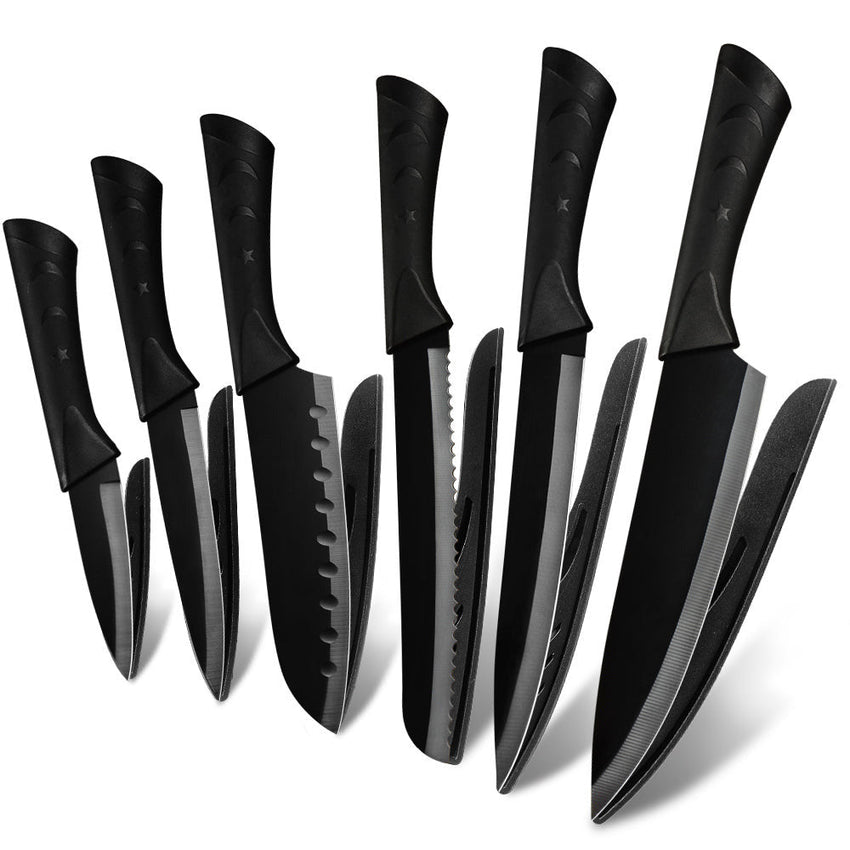 8 Pcs High Quality Stainless Steel Black Kitchen Knives Set With Holder Sharpener - Fansee Australia
