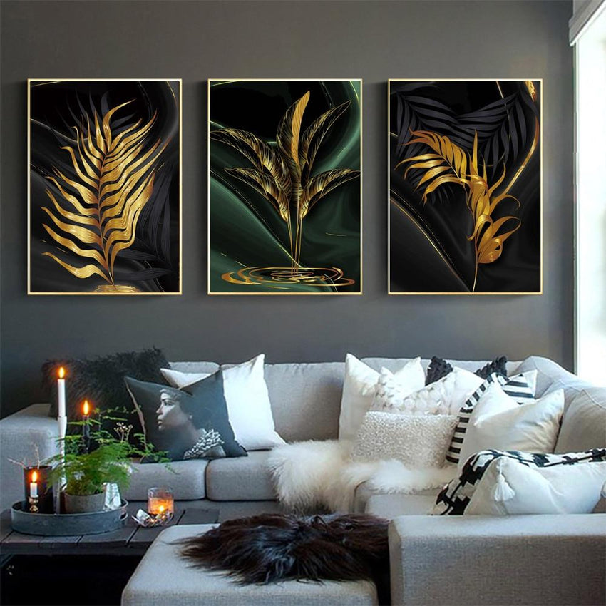Black Abstract Gold Plant Leaves Canvas Wall Art Prints (60x90cm) - Fansee Australia