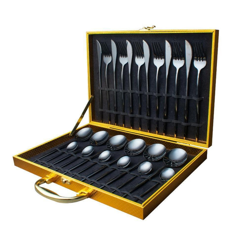 Black Cutlery Set Mirror Finish (24 Pcs Gift Box) - Fansee Australia