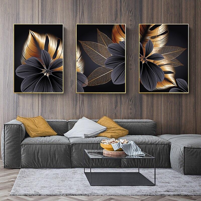 Large Plant Leaf Wall Art in Black and Gold | Wall Art Prints ...