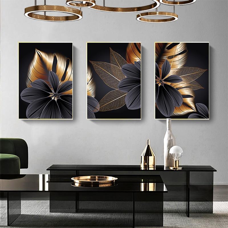 Large Plant Leaf Wall Art in Black and Gold | Wall Art Prints ...