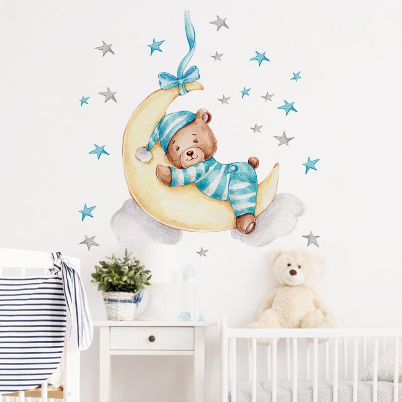 Cute Baby Bear Sleeping On Moon Wall Stickers - Fansee Australia