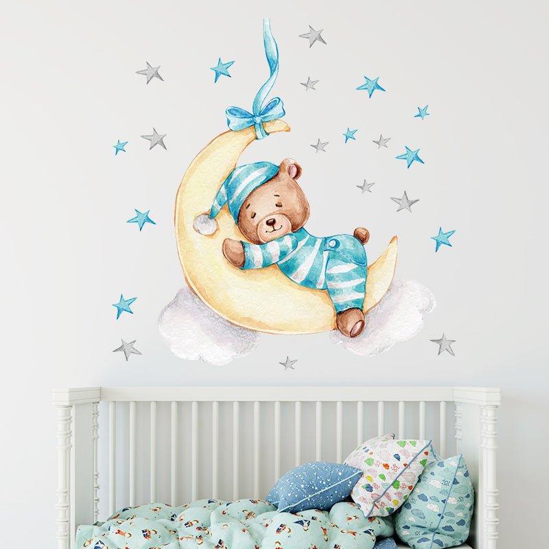 Cute Baby Bear Sleeping On Moon Wall Stickers