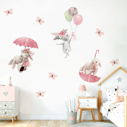 Cute Rabbits Flying On Umbrella Wall Stickers - Fansee Australia