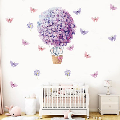Elephant on Purple Flowers Hot Air Balloon Kids Room Wall Stickers - Fansee Australia