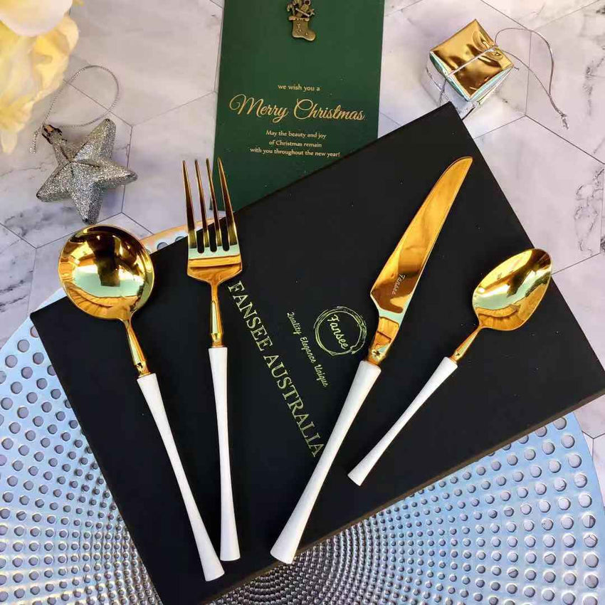 Gold & White Cutlery Set (16 Piece Cutlery Set) - Fansee Australia