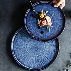 KINGLANG Blue Color Ceramic Tableware Home Plate Steak Plate Breakfast Large Kiln Dish Plate - Fansee Australia
