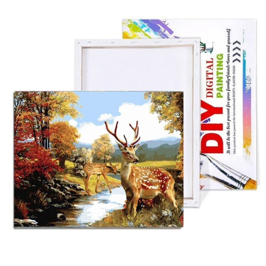 Painting By Numbers Two Deer In The Forest (40x50cm Framed Canvas Kit) - Fansee Australia