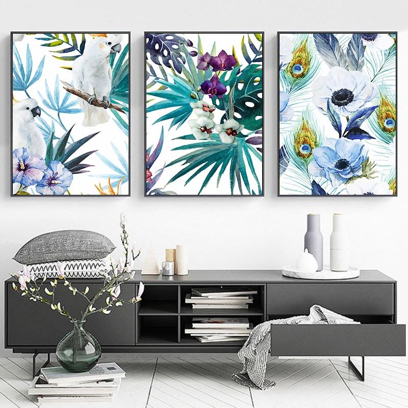 PARROTS, LEAVES & FLOWERS in Watercolour Canvas Prints (60x80cm) - Fansee Australia